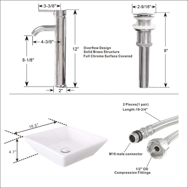 English Elm 16.5" Square Vessel Sink White Porcelain Countertop Bowl with Faucet, Pop-Up Drain & Hoses Set D16306243