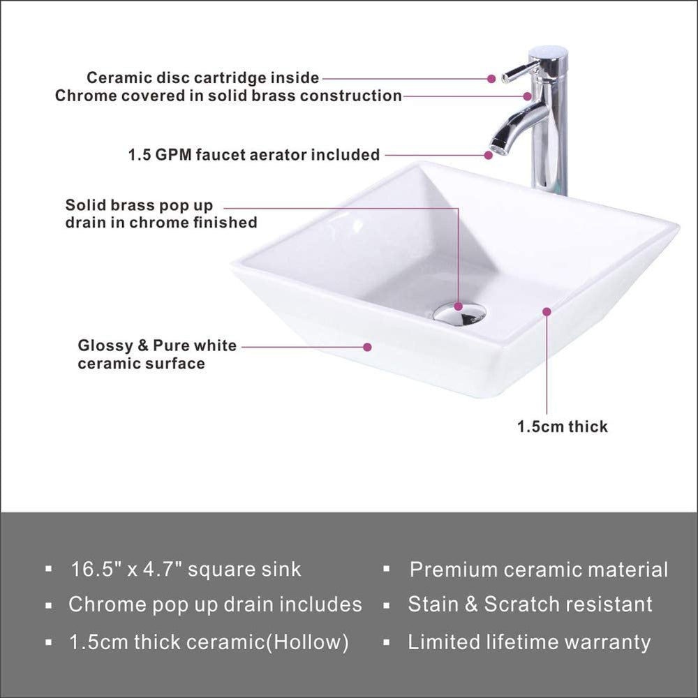 English Elm 16.5" Square Vessel Sink White Porcelain Countertop Bowl with Faucet, Pop-Up Drain & Hoses Set D16306243