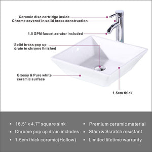 English Elm 16.5" Square Vessel Sink White Porcelain Countertop Bowl with Faucet, Pop-Up Drain & Hoses Set D16306243