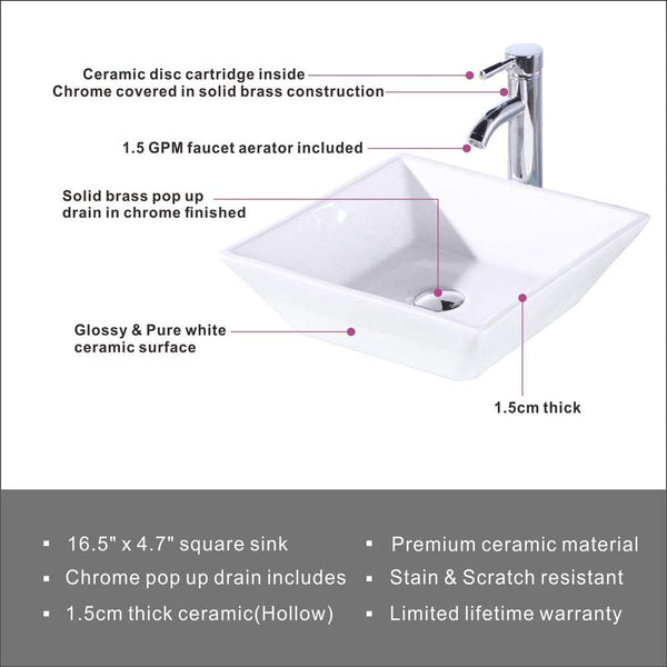 English Elm 16.5" Square Vessel Sink White Porcelain Countertop Bowl with Faucet, Pop-Up Drain & Hoses Set D16306243