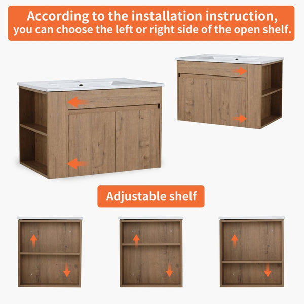 English Elm 30 Inch Wall Mounted Bathroom Vanity with Open Shelf Hardware Free Handle Design W99956039