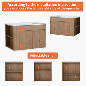 English Elm 30 Inch Bathroom Vanity With Adjustable Open Shelf & Modern White Ceramic Basin For Easy Assembly W999S00003