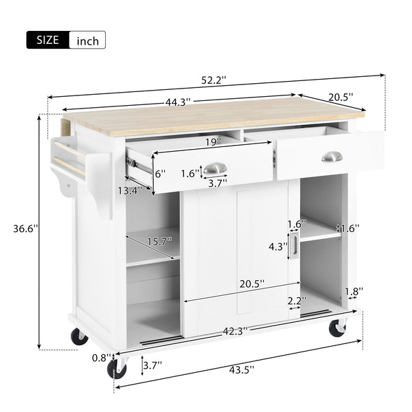 English Elm Kitchen Cart with Drop-Leaf Rubberwood Countertop, Sliding Barn Door, Locking Wheels & Storage Space White SK000001AAW