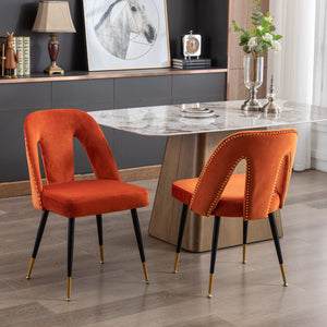 English Elm A&A Velvet Akoya Dining Chairs Set of 2 — Orange Upholstered Nailhead Accent, Gold-Tip Black Legs W114343514