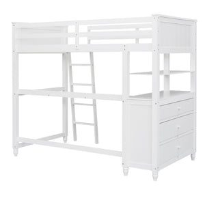 English Elm Twin Pine Wood Loft Bed with Built-in Desk Drawers and Shelf for Kids Rooms LT001530AAK-1