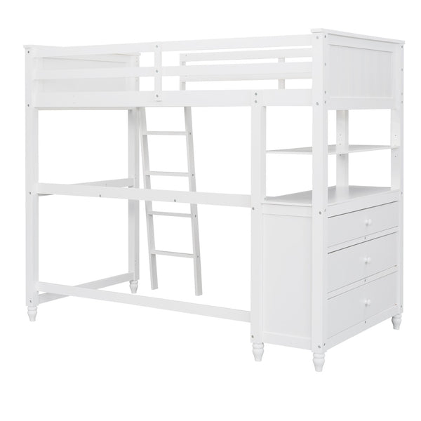 English Elm Twin Pine Wood Loft Bed with Built-in Desk Drawers and Shelf for Kids Rooms LT001530AAK-1