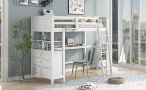 English Elm Twin Pine Wood Loft Bed with Built-in Desk Drawers and Shelf for Kids Rooms LT001530AAK-1
