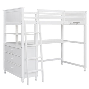 English Elm Twin Pine Wood Loft Bed with Built-in Desk Drawers and Shelf for Kids Rooms LT001530AAK-1