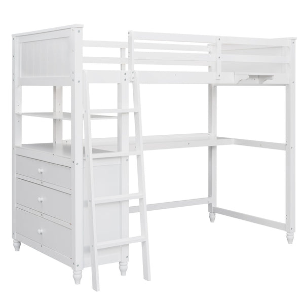 English Elm Twin Pine Wood Loft Bed with Built-in Desk Drawers and Shelf for Kids Rooms LT001530AAK-1