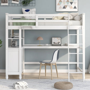 English Elm Twin Pine Wood Loft Bed with Built-in Desk Drawers and Shelf for Kids Rooms LT001530AAK-1