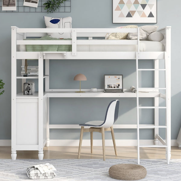 English Elm Twin Pine Wood Loft Bed with Built-in Desk Drawers and Shelf for Kids Rooms LT001530AAK-1