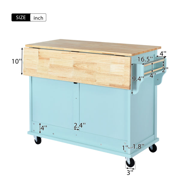 English Elm Kitchen Cart with Drop-Leaf Rubberwood Countertop, Sliding Barn Door, Locking Wheels & Storage Space Mint Green SK000001AAE