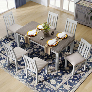 English Elm Trexm Retro Farmhouse Extendable Dining Set Seats Eight Linen Chairs Rubberwood Brown+White ST000045AAK