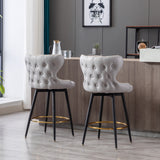 English Elm ,Counter Height 25" Modern Leathaire Fabric Bar Chairs,180° Swivel Bar Stool Chair For Kitchen,Tufted Gold Nailhead Trim Bar Stools With Metal Legs,Set Of 2 (Light Gray)