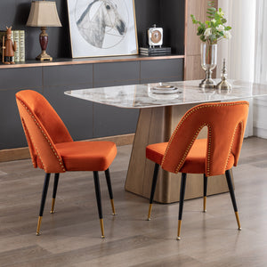 English Elm A&A Velvet Akoya Dining Chairs Set of 2 — Orange Upholstered Nailhead Accent, Gold-Tip Black Legs W114343514