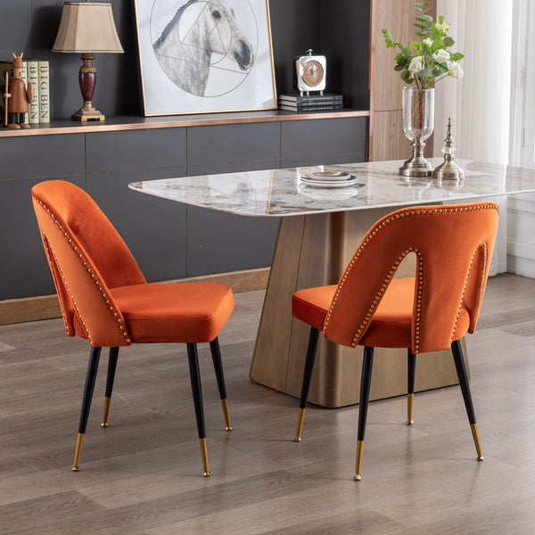 English Elm A&A Velvet Akoya Dining Chairs Set of 2 — Orange Upholstered Nailhead Accent, Gold-Tip Black Legs W114343514
