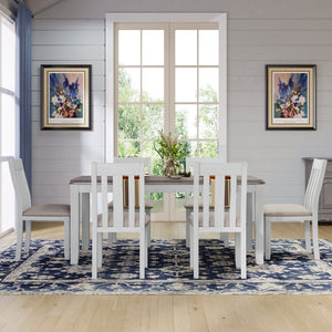 English Elm Trexm Retro Farmhouse Extendable Dining Set Seats Eight Linen Chairs Rubberwood Brown+White ST000045AAK