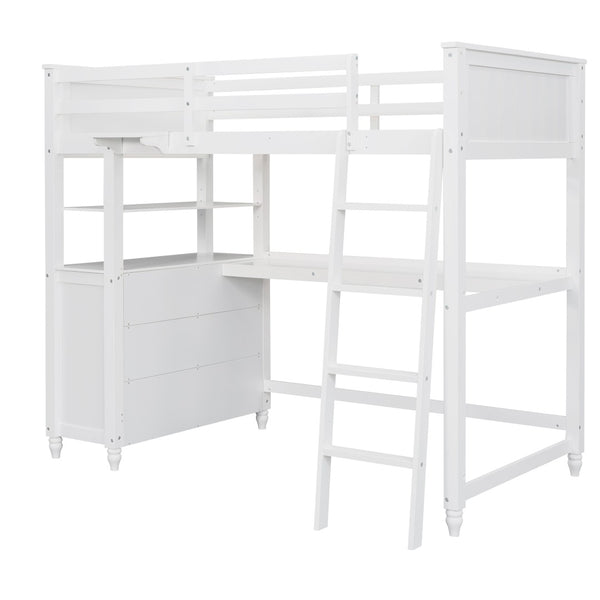 English Elm Twin Pine Wood Loft Bed with Built-in Desk Drawers and Shelf for Kids Rooms LT001530AAK-1