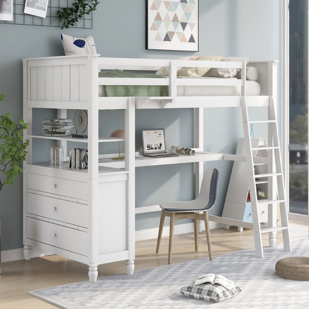 English Elm Twin Pine Wood Loft Bed with Built-in Desk Drawers and Shelf for Kids Rooms LT001530AAK-1