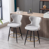 English Elm ,Counter Height 25" Modern Leathaire Fabric Bar Chairs,180° Swivel Bar Stool Chair For Kitchen,Tufted Gold Nailhead Trim Bar Stools With Metal Legs,Set Of 2 (Light Gray)