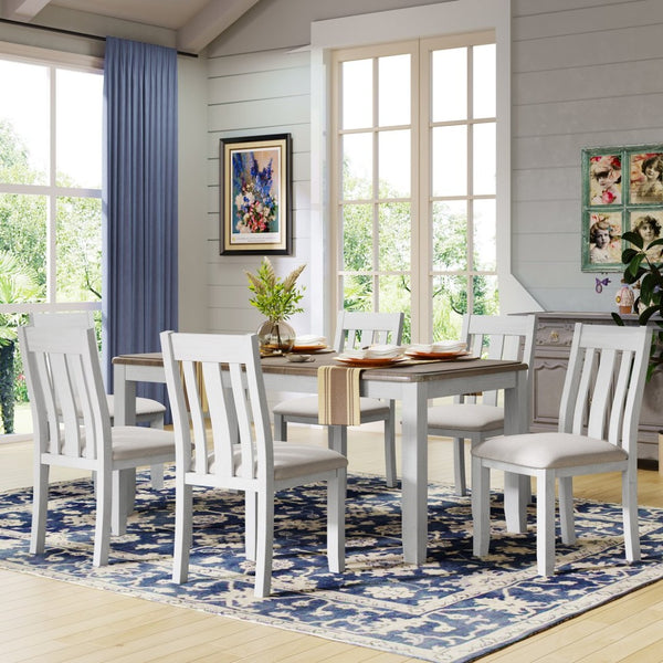 English Elm Trexm Retro Farmhouse Extendable Dining Set Seats Eight Linen Chairs Rubberwood Brown+White ST000045AAK