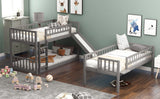 Hearth and Haven Corinne Twin over Twin over Twin Triple Bed with Built in Ladder, Slide and Guardrails, Grey