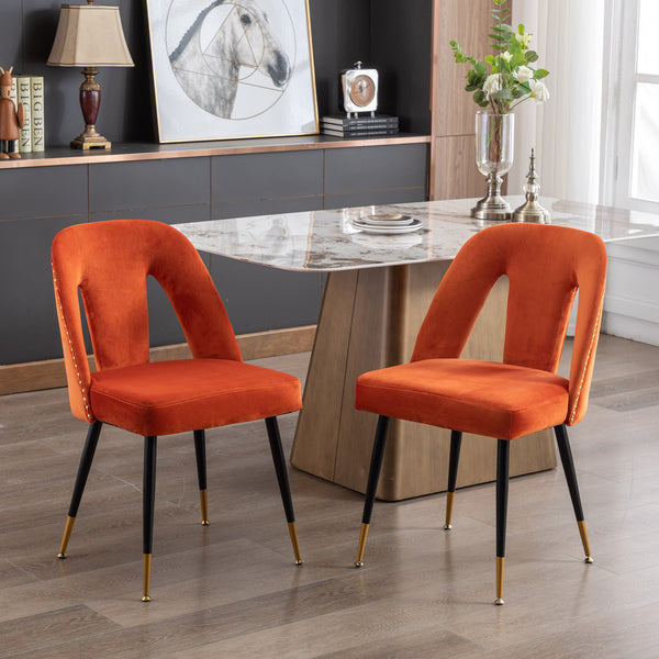 English Elm A&A Velvet Akoya Dining Chairs Set of 2 — Orange Upholstered Modern Seats with Nailhead Trim & Gold-Tip Black Metal Legs W114343514