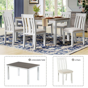 English Elm Trexm Retro Farmhouse Extendable Dining Set Seats Eight Linen Chairs Rubberwood Brown+White ST000045AAK