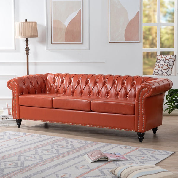 English Elm 84.65" Tufted Pu Leather Chesterfield Sofa with Pocket Spring Support for Living Rooms W68056682