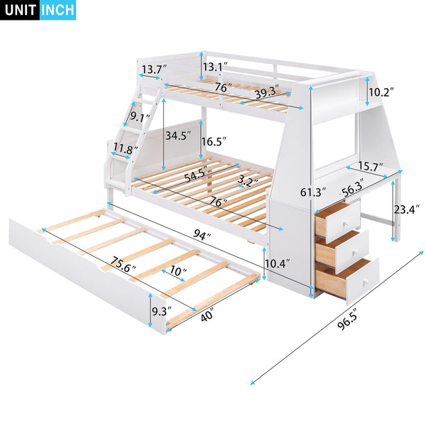 English Elm Twin Bunk Bed with Trundle, Built-In Desk, 3 Storage Drawers & Safety Rails — Space-Saving Starter White GX000316AAK
