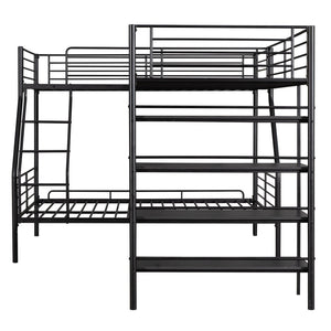 English Elm L-Shaped Metal Twin over Full Bunk Bed with Twin Loft, 4 Built-In MDF Shelves, Black, Space-Saving Design GX000617AAB