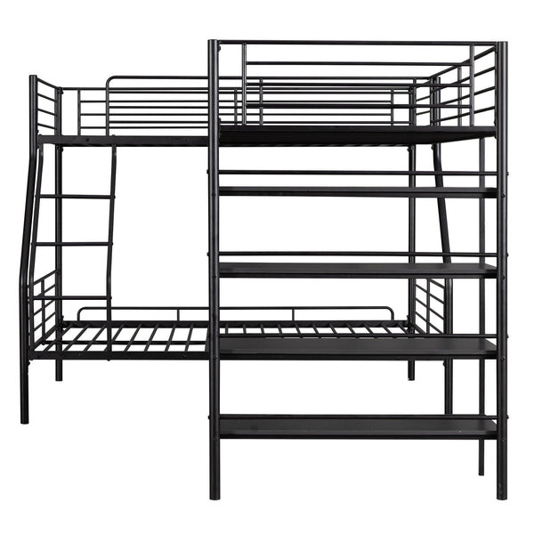 English Elm L-Shaped Metal Twin over Full Bunk Bed with Twin Loft, 4 Built-In MDF Shelves, Black, Space-Saving Design GX000617AAB