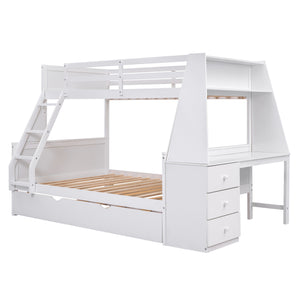 English Elm Twin Bunk Bed with Trundle, Built-In Desk, 3 Storage Drawers & Safety Rails — Space-Saving Starter White GX000316AAK