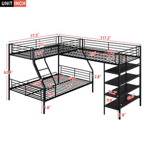 English Elm L-Shaped Metal Twin over Full Bunk Bed with Twin Loft, 4 Built-In MDF Shelves, Black, Space-Saving Design GX000617AAB