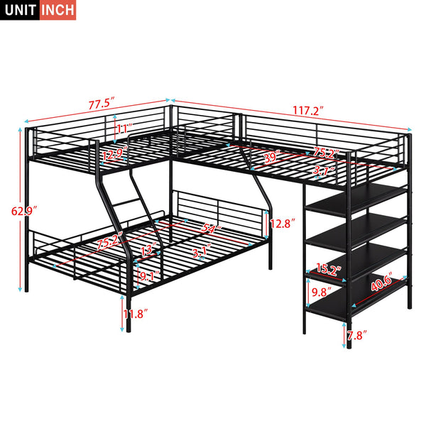 English Elm L-Shaped Metal Twin over Full Bunk Bed with Twin Loft, 4 Built-In MDF Shelves, Black, Space-Saving Design GX000617AAB