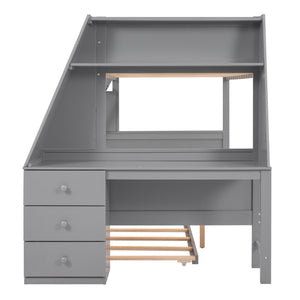 English Elm Twin Bunk Bed with Trundle, Built-In Desk, 3 Storage Drawers & Safety Rails — Space-Saving Starter Gray GX000316AAE