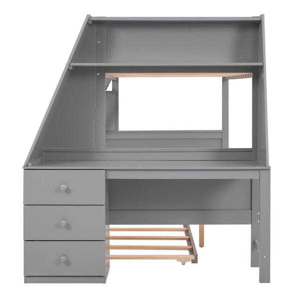English Elm Twin Bunk Bed with Trundle, Built-In Desk, 3 Storage Drawers & Safety Rails — Space-Saving Starter Gray GX000316AAE