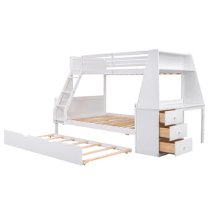 English Elm Twin Bunk Bed with Trundle, Built-In Desk, 3 Storage Drawers & Safety Rails — Space-Saving Starter White GX000316AAK