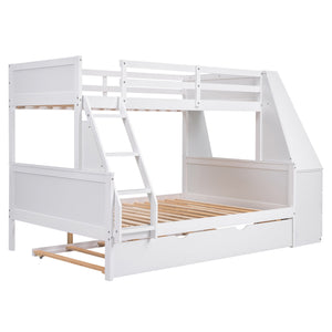 English Elm Twin Bunk Bed with Trundle, Built-In Desk, 3 Storage Drawers & Safety Rails — Space-Saving Starter White GX000316AAK
