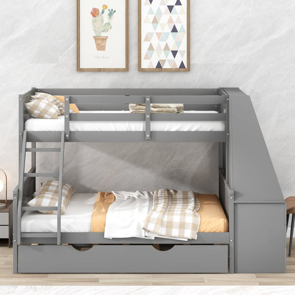 English Elm Twin Bunk Bed with Trundle, Built-In Desk, 3 Storage Drawers & Safety Rails — Space-Saving Starter Gray GX000316AAE