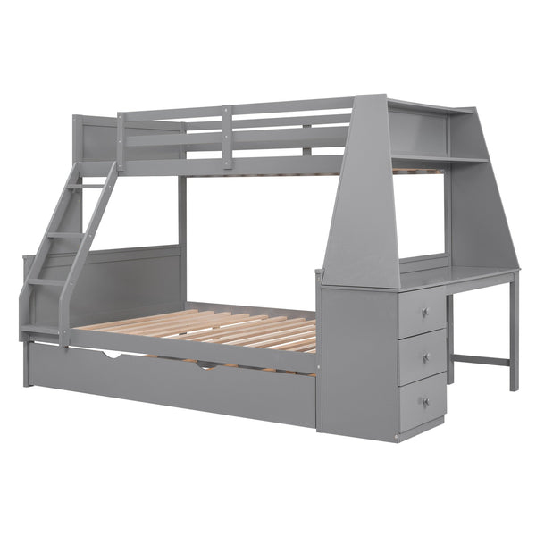 English Elm Twin Bunk Bed with Trundle, Built-In Desk, 3 Storage Drawers & Safety Rails — Space-Saving Starter Gray GX000316AAE