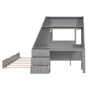 English Elm Twin Bunk Bed with Trundle, Built-In Desk, 3 Storage Drawers & Safety Rails — Space-Saving Starter Gray GX000316AAE