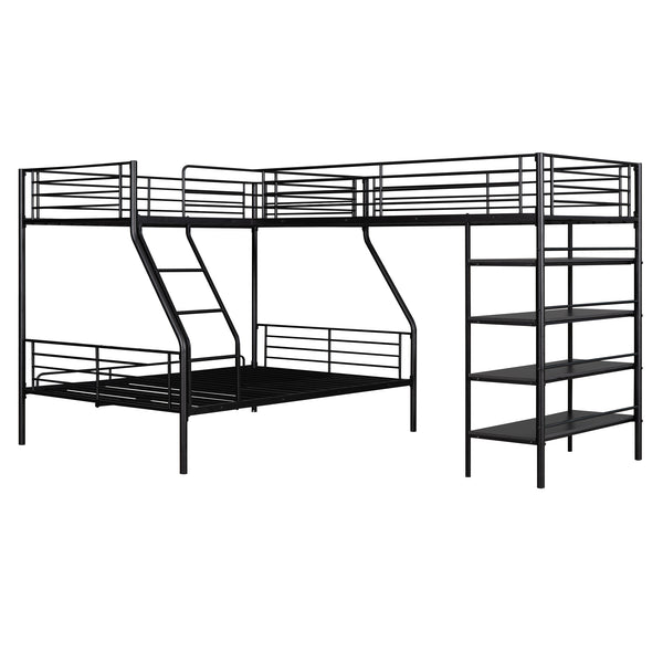 English Elm L-Shaped Metal Twin over Full Bunk Bed with Twin Loft, 4 Built-In MDF Shelves, Black, Space-Saving Design GX000617AAB