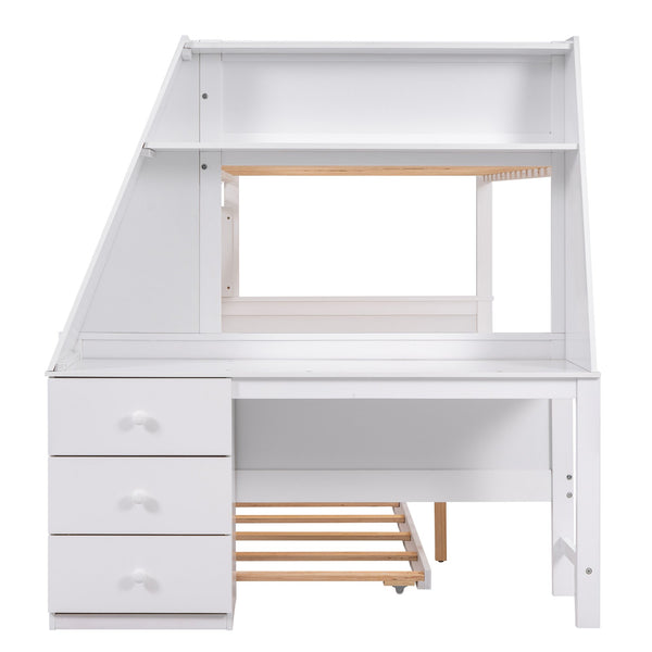 English Elm Twin Bunk Bed with Trundle, Built-In Desk, 3 Storage Drawers & Safety Rails — Space-Saving Starter White GX000316AAK