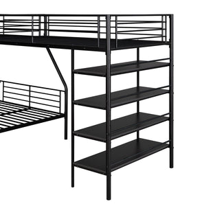 English Elm L-Shaped Metal Twin over Full Bunk Bed with Twin Loft, 4 Built-In MDF Shelves, Black, Space-Saving Design GX000617AAB