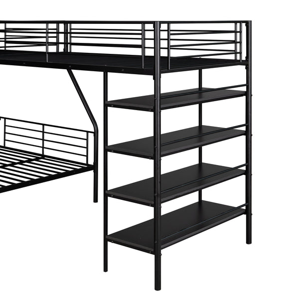 English Elm L-Shaped Metal Twin over Full Bunk Bed with Twin Loft, 4 Built-In MDF Shelves, Black, Space-Saving Design GX000617AAB