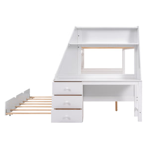 English Elm Twin Bunk Bed with Trundle, Built-In Desk, 3 Storage Drawers & Safety Rails — Space-Saving Starter White GX000316AAK
