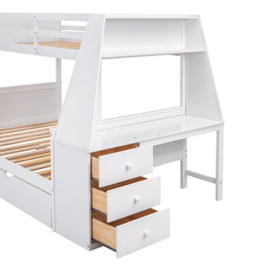 English Elm Twin Bunk Bed with Trundle, Built-In Desk, 3 Storage Drawers & Safety Rails — Space-Saving Starter White GX000316AAK