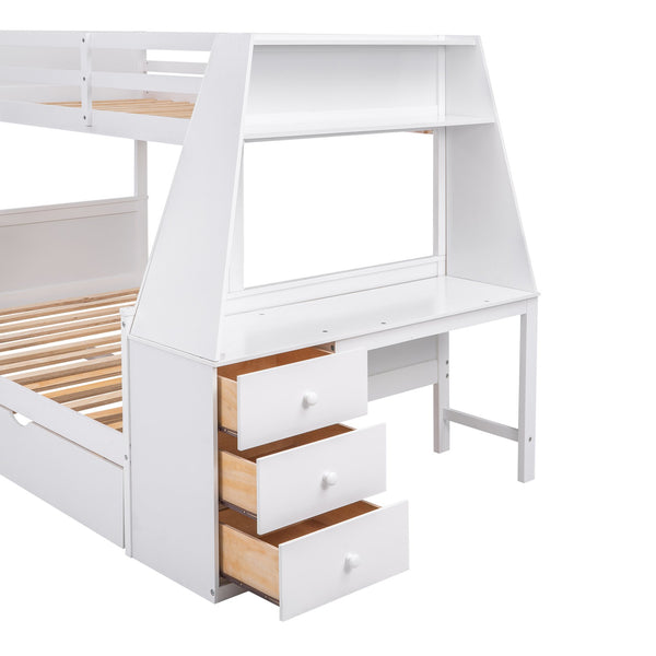 English Elm Twin Bunk Bed with Trundle, Built-In Desk, 3 Storage Drawers & Safety Rails — Space-Saving Starter White GX000316AAK