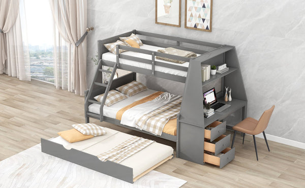 English Elm Twin Bunk Bed with Trundle, Built-In Desk, 3 Storage Drawers & Safety Rails — Space-Saving Starter Gray GX000316AAE